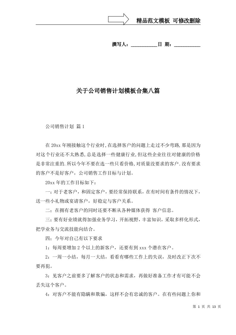 关于公司销售计划模板合集八篇