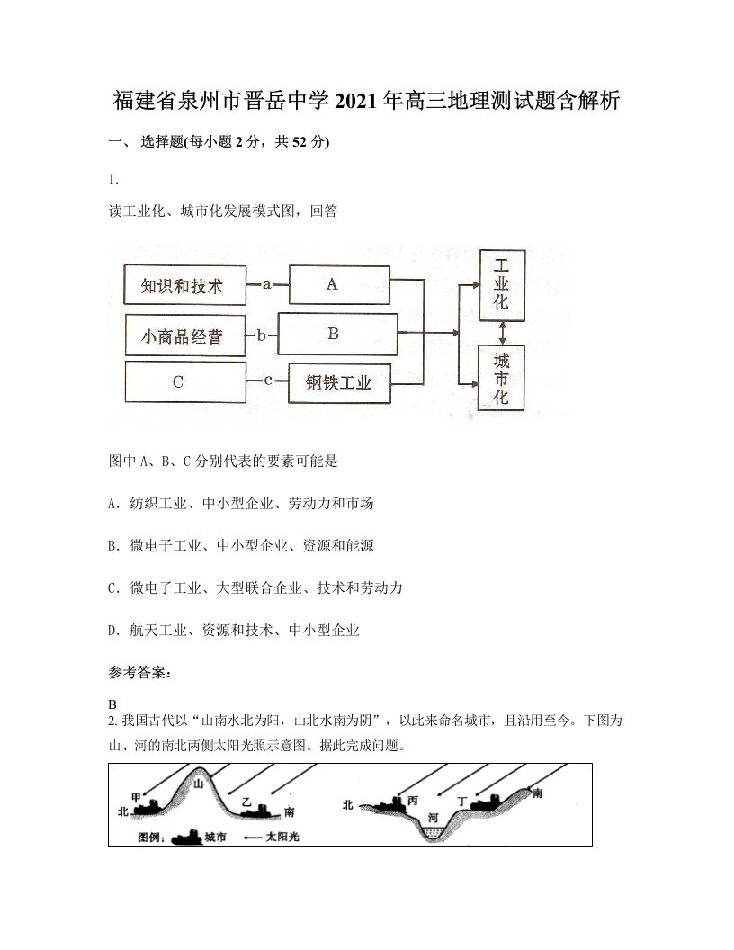 福建省泉州市晋岳中学2021年高三地理测试题含解析