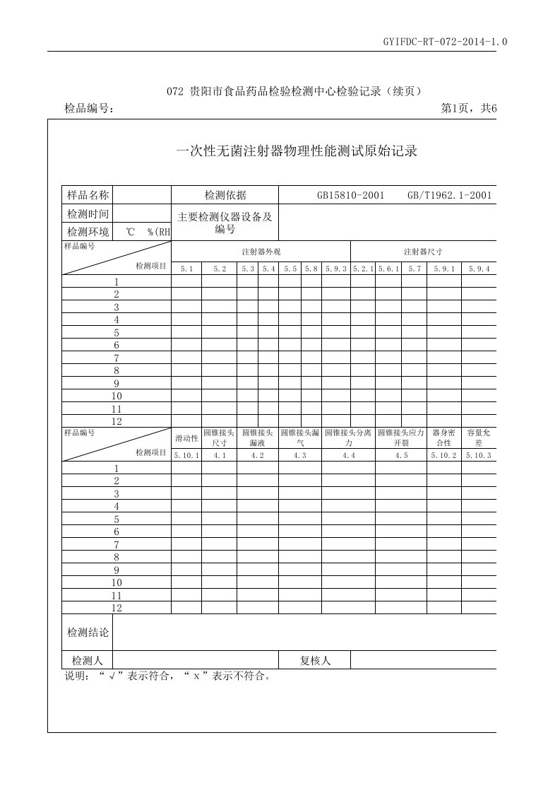 一次性无菌注射器物理性能检测报告2