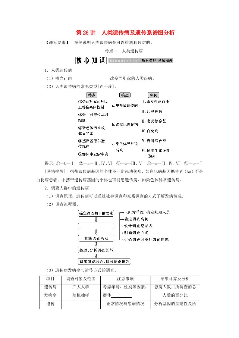 2025届高考生物一轮总复习学生用书必修2第五单元遗传的基本规律伴性遗传与人类遗传病第26讲人类遗传病及遗传系谱图分析考点一人类遗传病