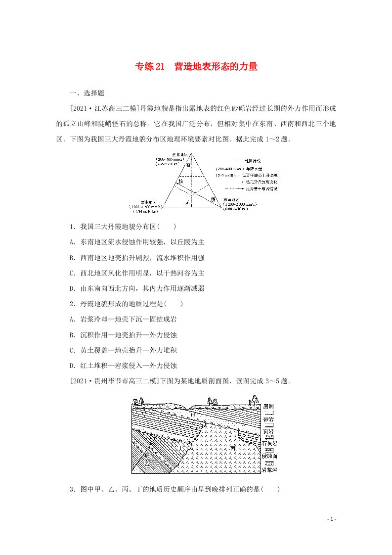 2022届高考地理一轮复习专练21营造地表形态的力量含解析