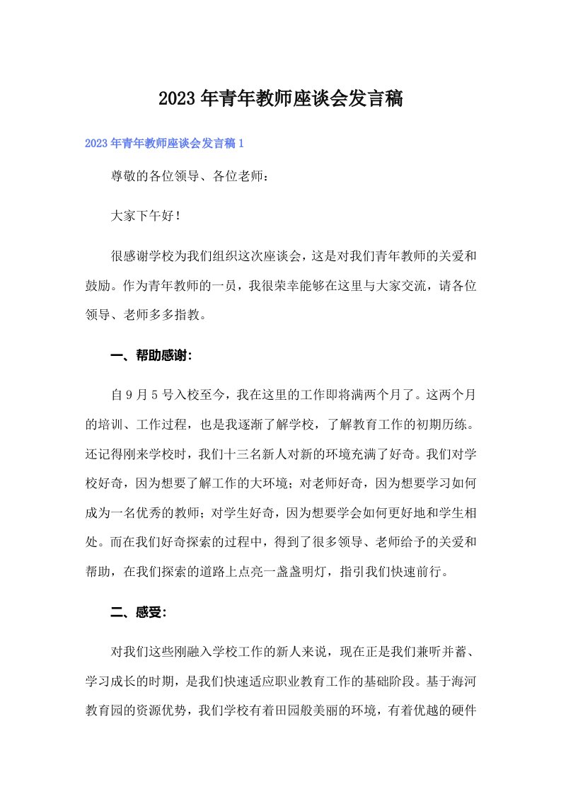 2023年青年教师座谈会发言稿