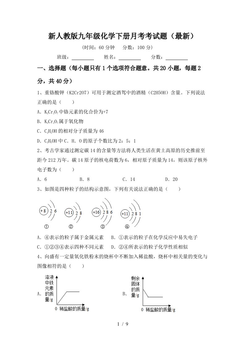 新人教版九年级化学下册月考考试题最新