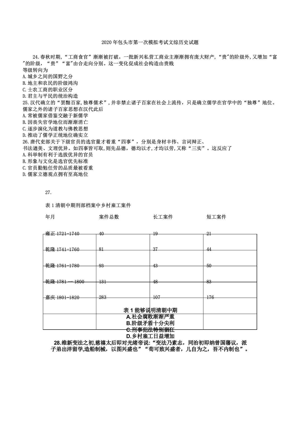 内蒙古包头市届高三年级第一次模拟考试文综历史考试试题