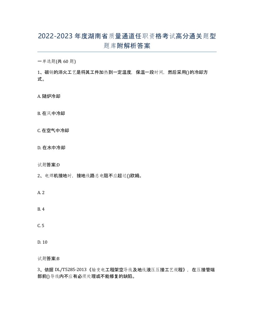 20222023年度湖南省质量通道任职资格考试高分通关题型题库附解析答案