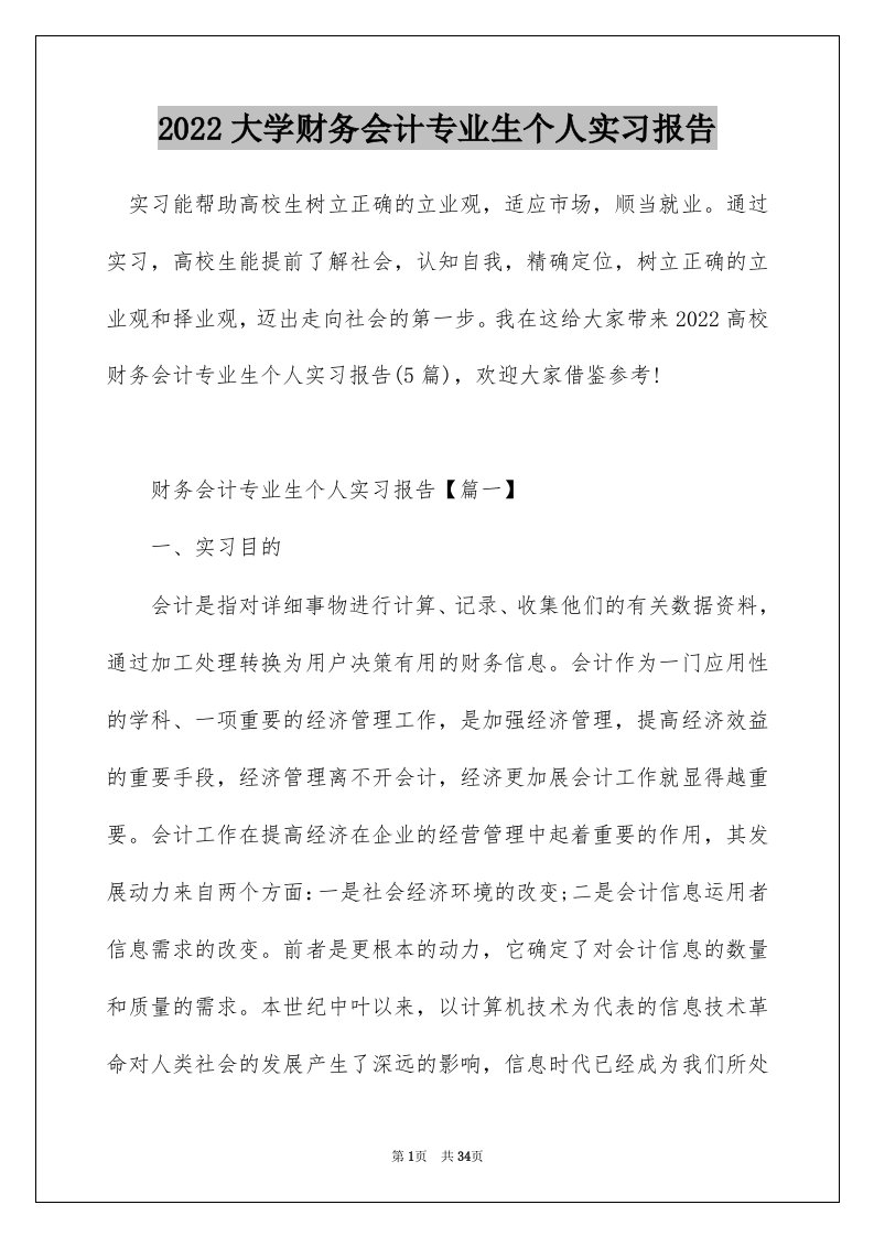 2022大学财务会计专业生个人实习报告