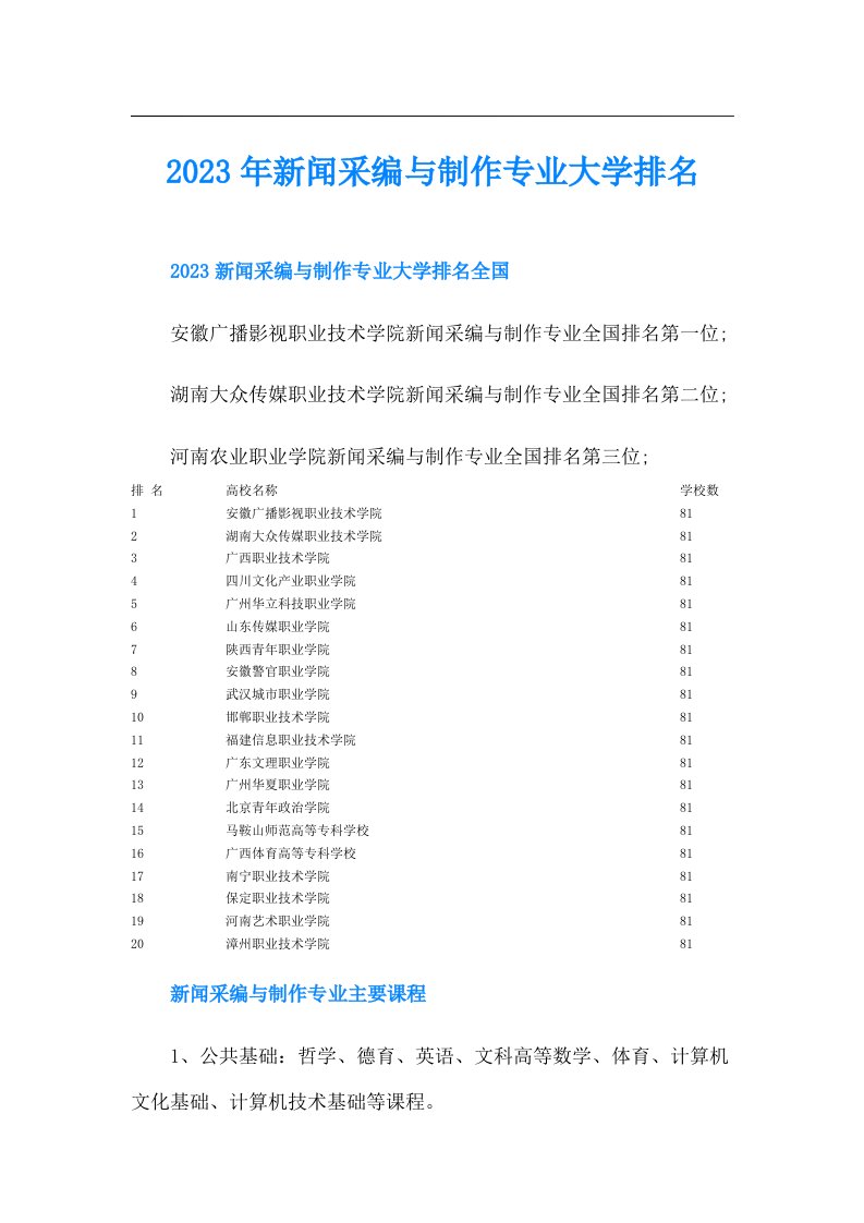 新闻采编与制作专业大学排名