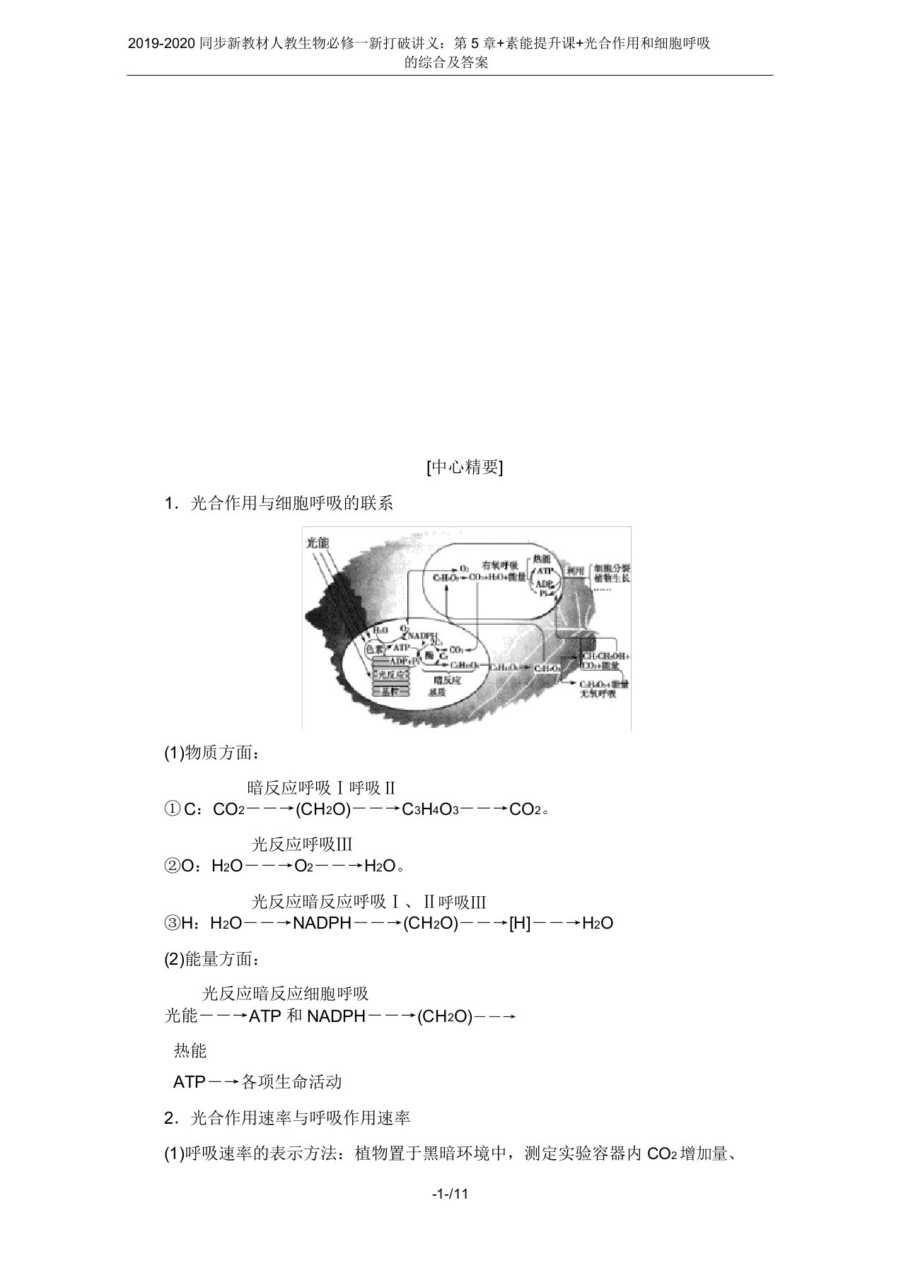 2019-2020同步新教材人教生物必修一新突破讲义第5章素能提升课光合作用和细胞呼吸的综合及