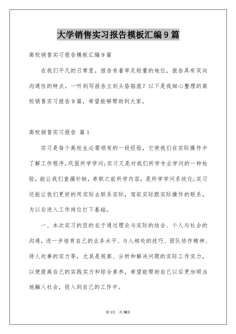 大学销售实习报告模板汇编9篇