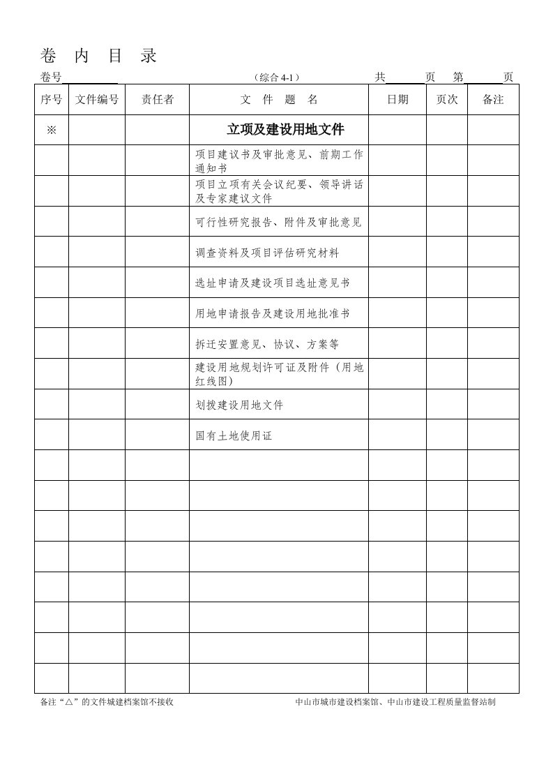 市政基础设施卷内目录