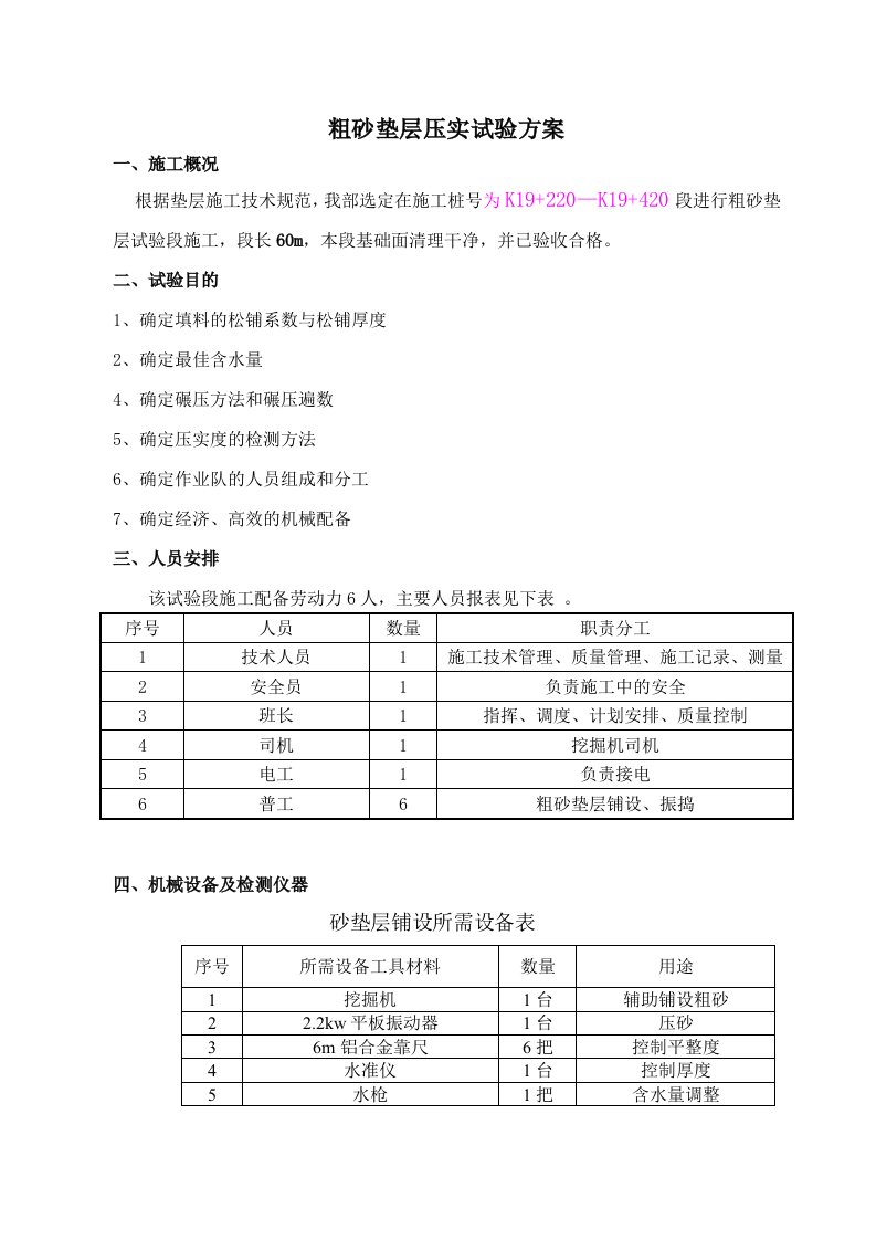 粗砂垫层试验段的施工方案及试验段总结