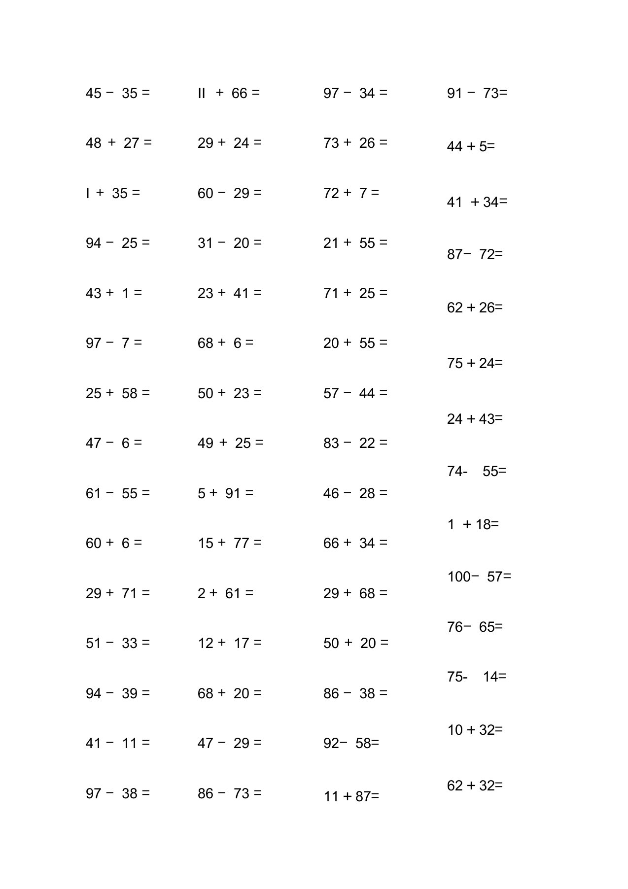 100以内加减法练习题(3500道)