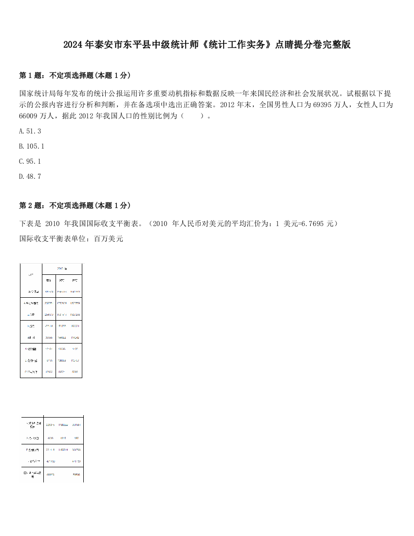 2024年泰安市东平县中级统计师《统计工作实务》点睛提分卷完整版