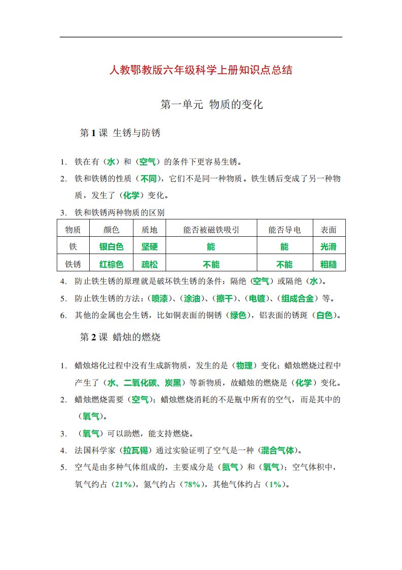 【精品】人教鄂教版六年级科学上册知识点总结