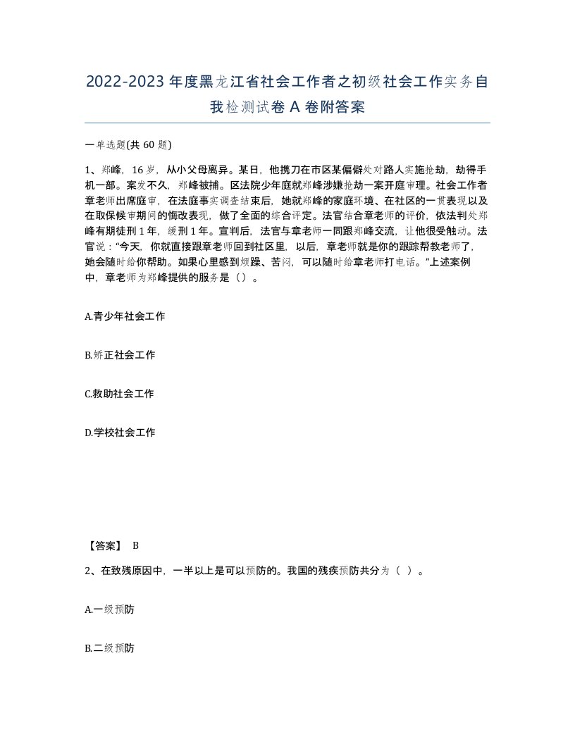 2022-2023年度黑龙江省社会工作者之初级社会工作实务自我检测试卷A卷附答案