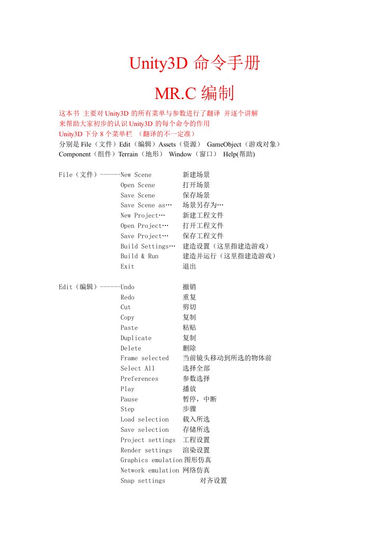 Unity3D中文菜单手册
