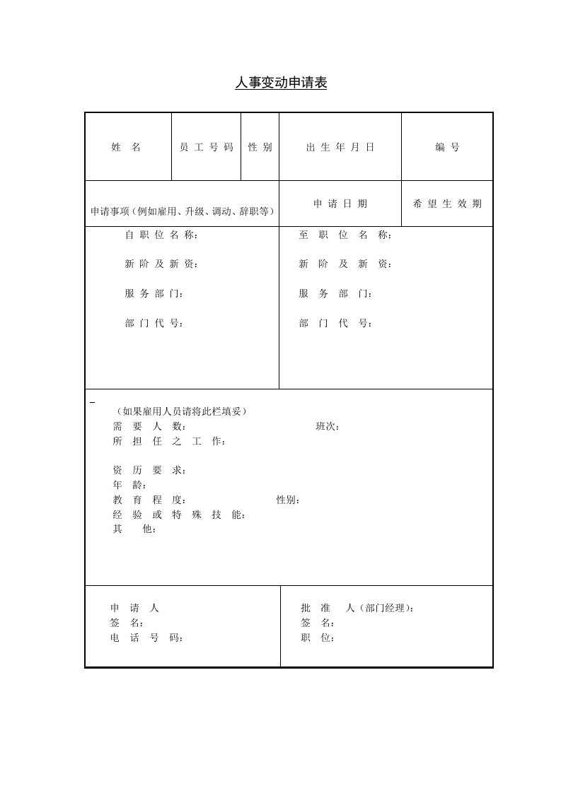 人事变动申请表