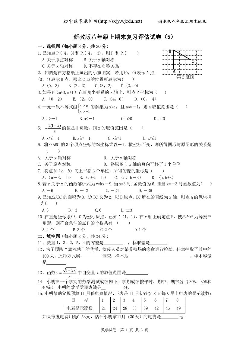 【小学中学教育精选】浙教版八年级上期末复习评估试卷（5）