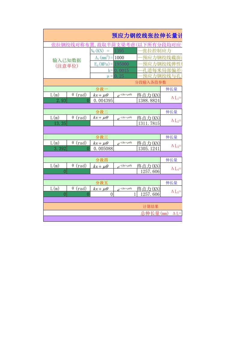 预应力钢绞线张拉伸长量计算程序(单端)