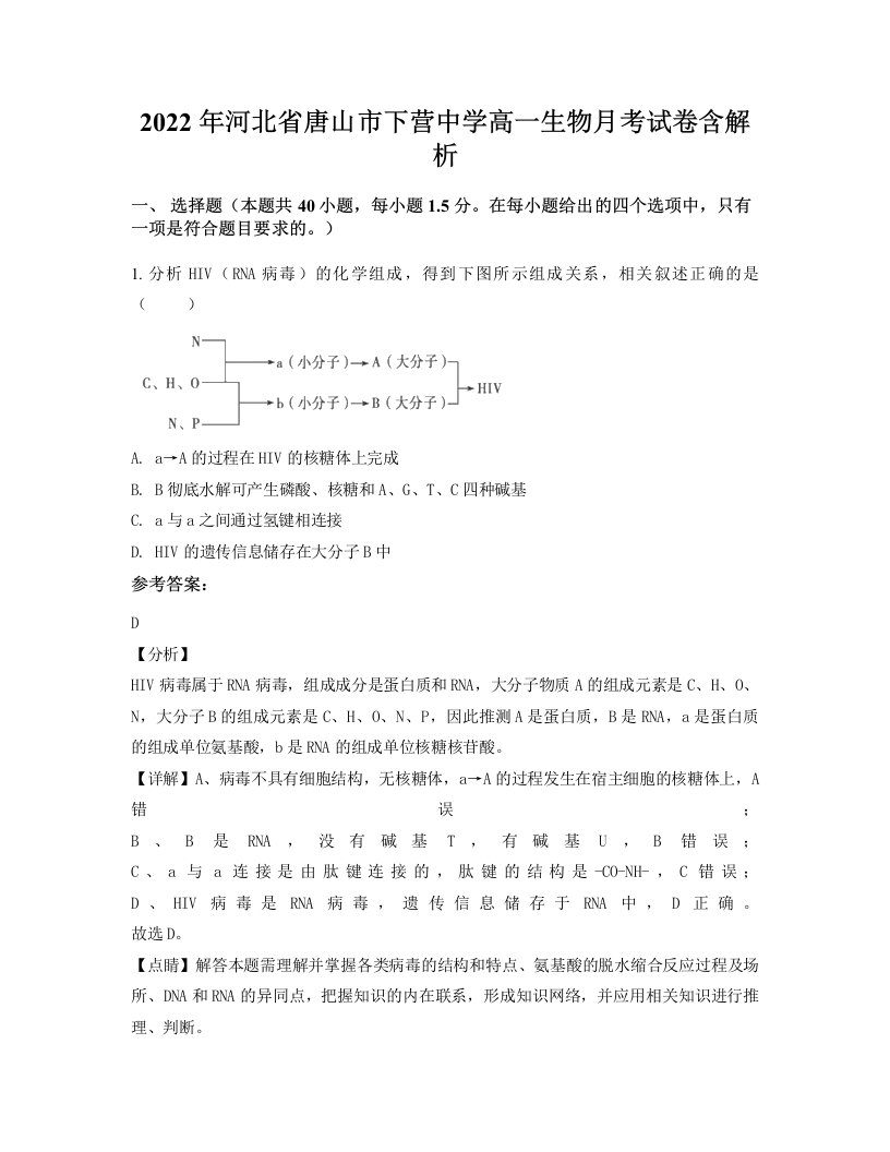 2022年河北省唐山市下营中学高一生物月考试卷含解析