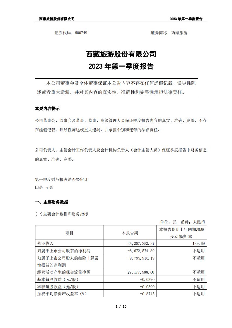 上交所-西藏旅游2023年第一季度报告-20230427