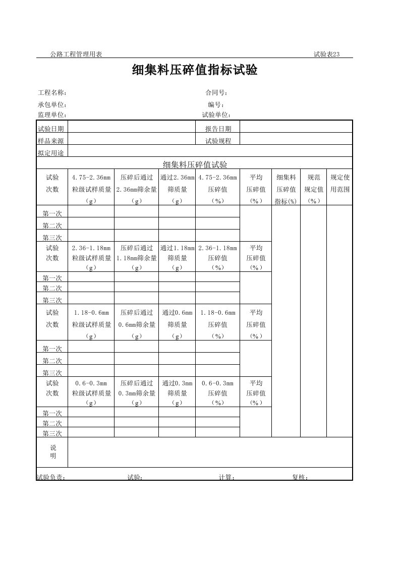 表格模板-公路工程管理用表范本细集料压碎值指标试验