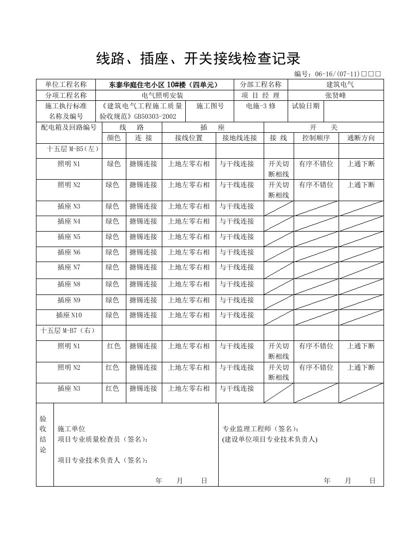 线路、插座、开关接线检查记录