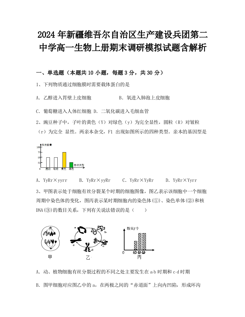 2024年新疆维吾尔自治区生产建设兵团第二中学高一生物上册期末调研模拟试题含解析