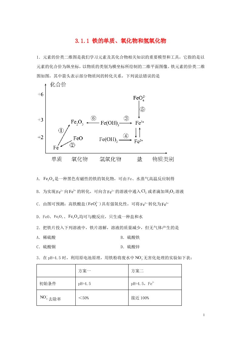 2022年高中化学第三章铁金属材料第一节铁及其化合物3.1.1铁的单质氧化物和氢氧化物能力提升练无答案新人教版必修第一册