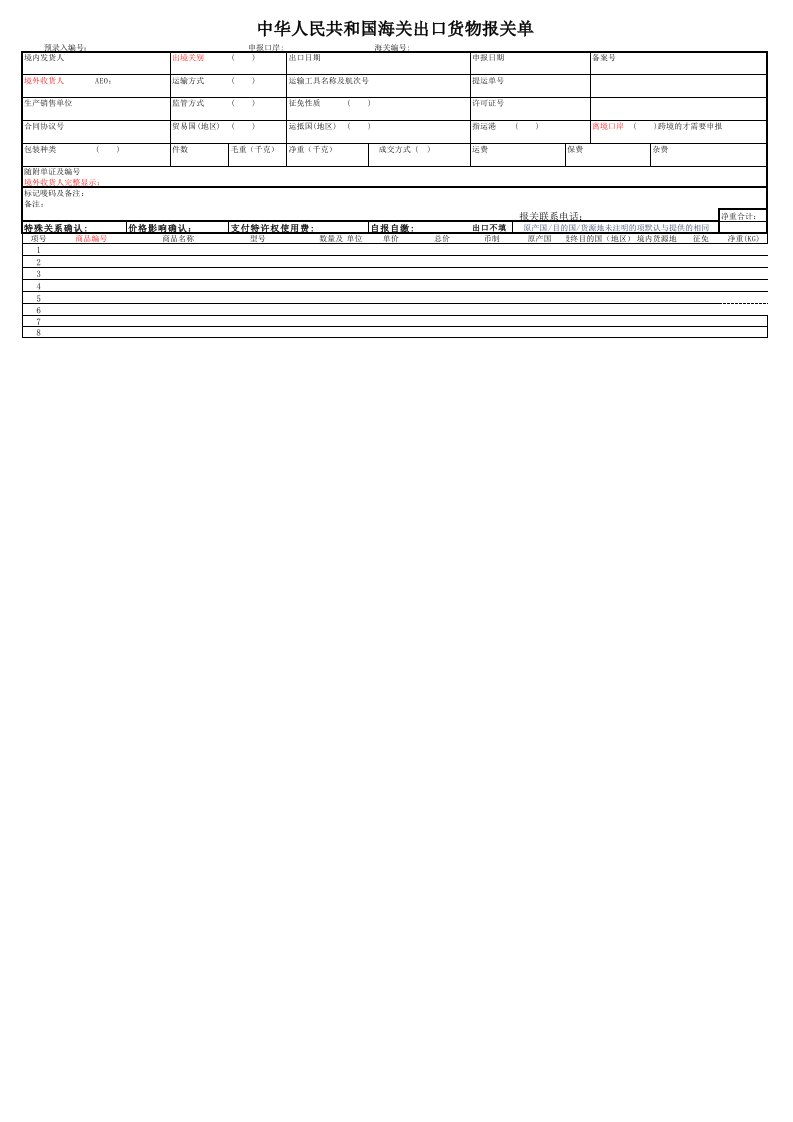 2020年最新出口报关单模板