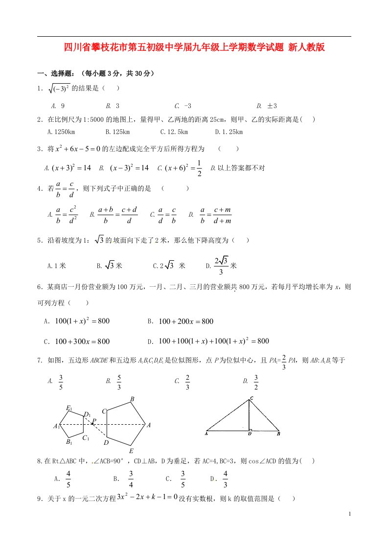 四川省攀枝花市第五初级中学九级数学上学期试题