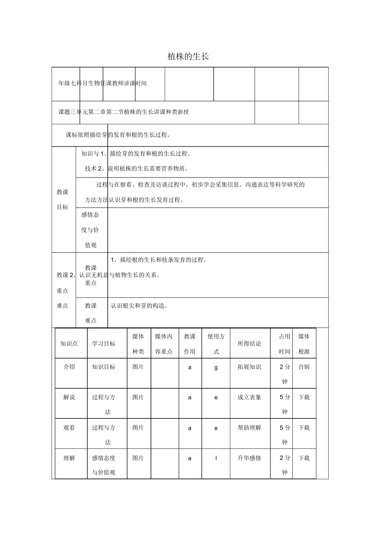 陕西省石泉县七年级生物上册322植株的生长教案新人教版