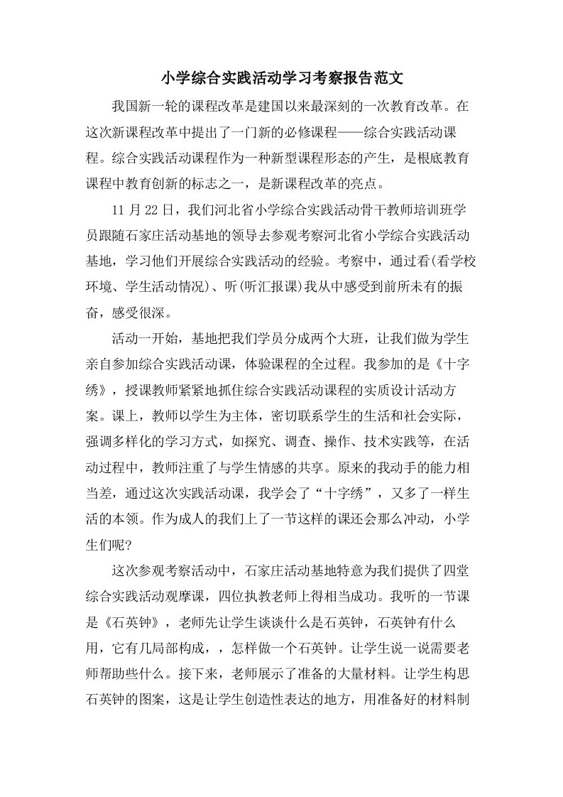 小学综合实践活动学习考察报告范文