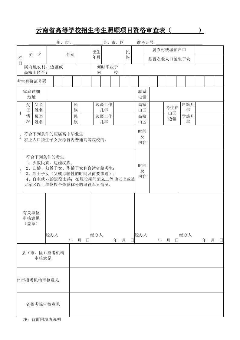 云南省高等学校招生考生照顾项目资格审查表(完整版)