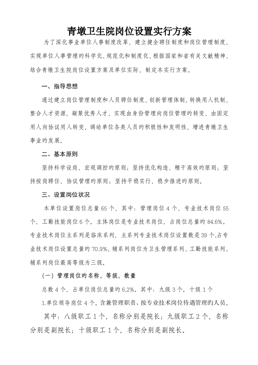 我院岗位设置实施方案