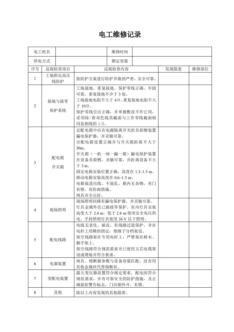 电工巡视维修记录表(含内容)