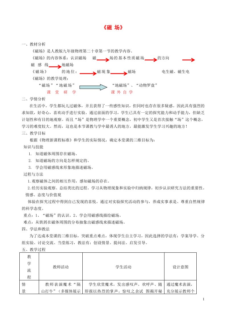 九年级物理全册第二十章电与磁第1节磁现象磁场第2课时磁场说课稿新版新人教版