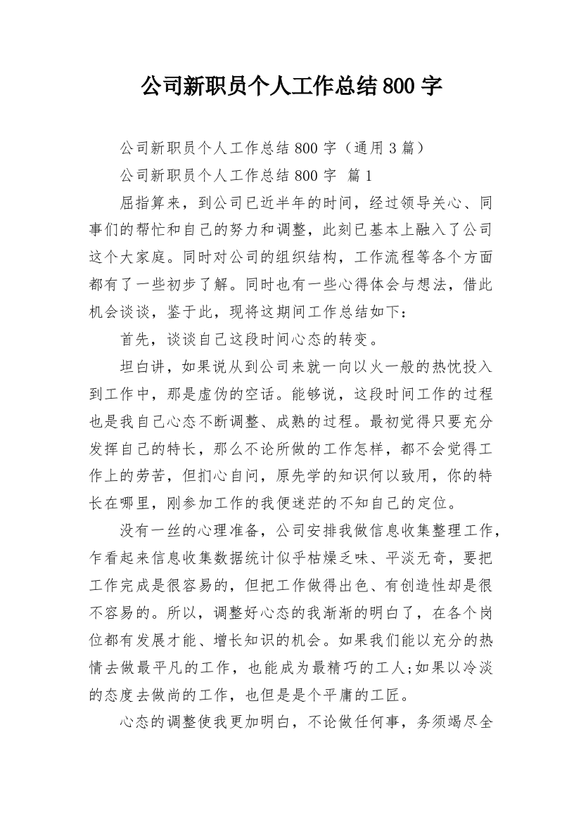 公司新职员个人工作总结800字