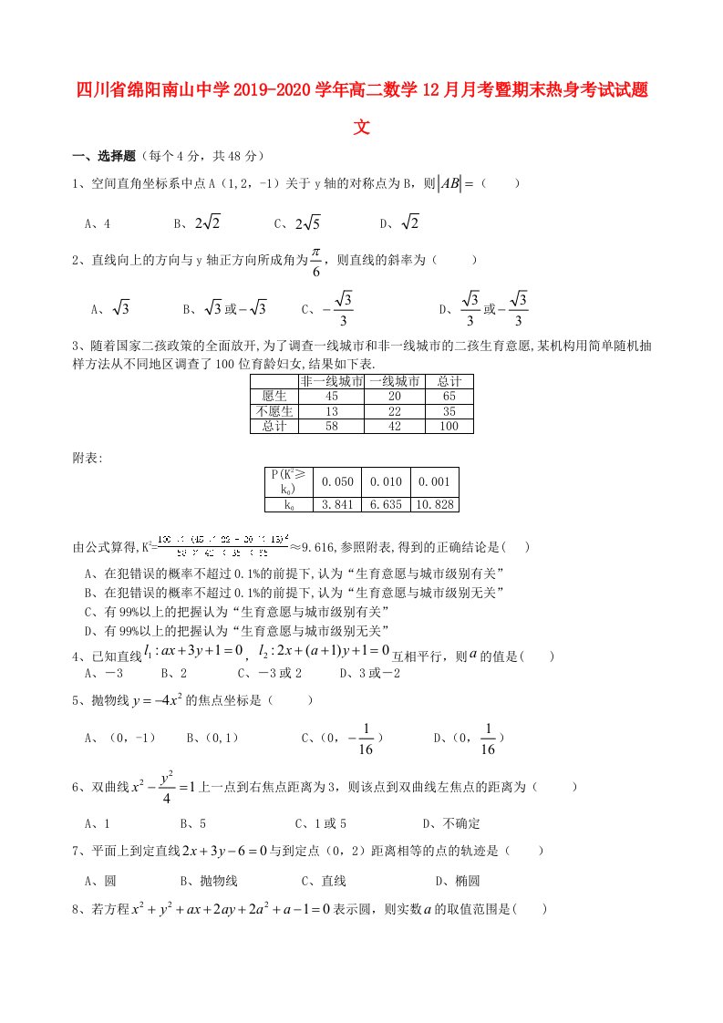 四川省绵阳南山中学2019-2020学年高二数学12月月考暨期末热身考试试题文