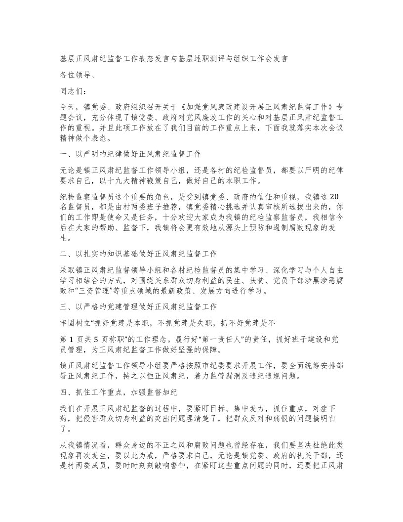 基层正风肃纪监督工作表态发言与基层述职测评与组织工作会发言