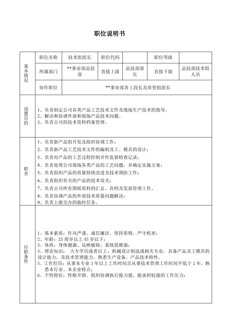 某大型摩配企业技术课课长岗位说明书