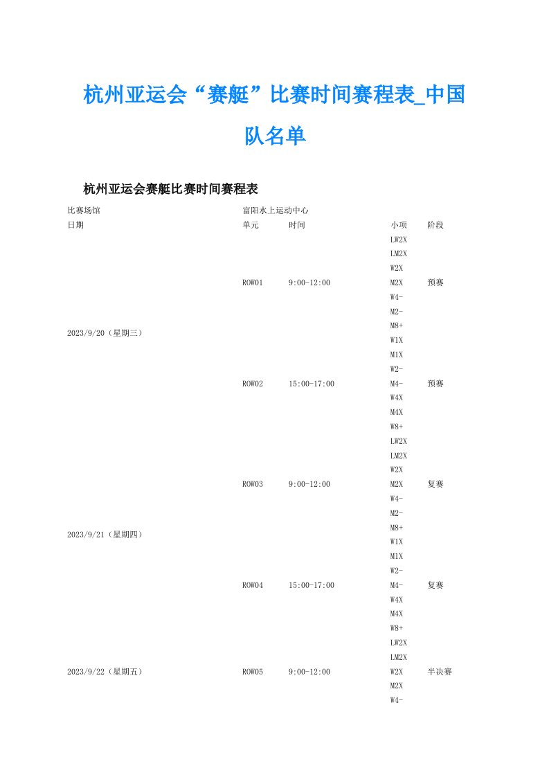 杭州亚运会“赛艇”比赛时间赛程表_中国队名单