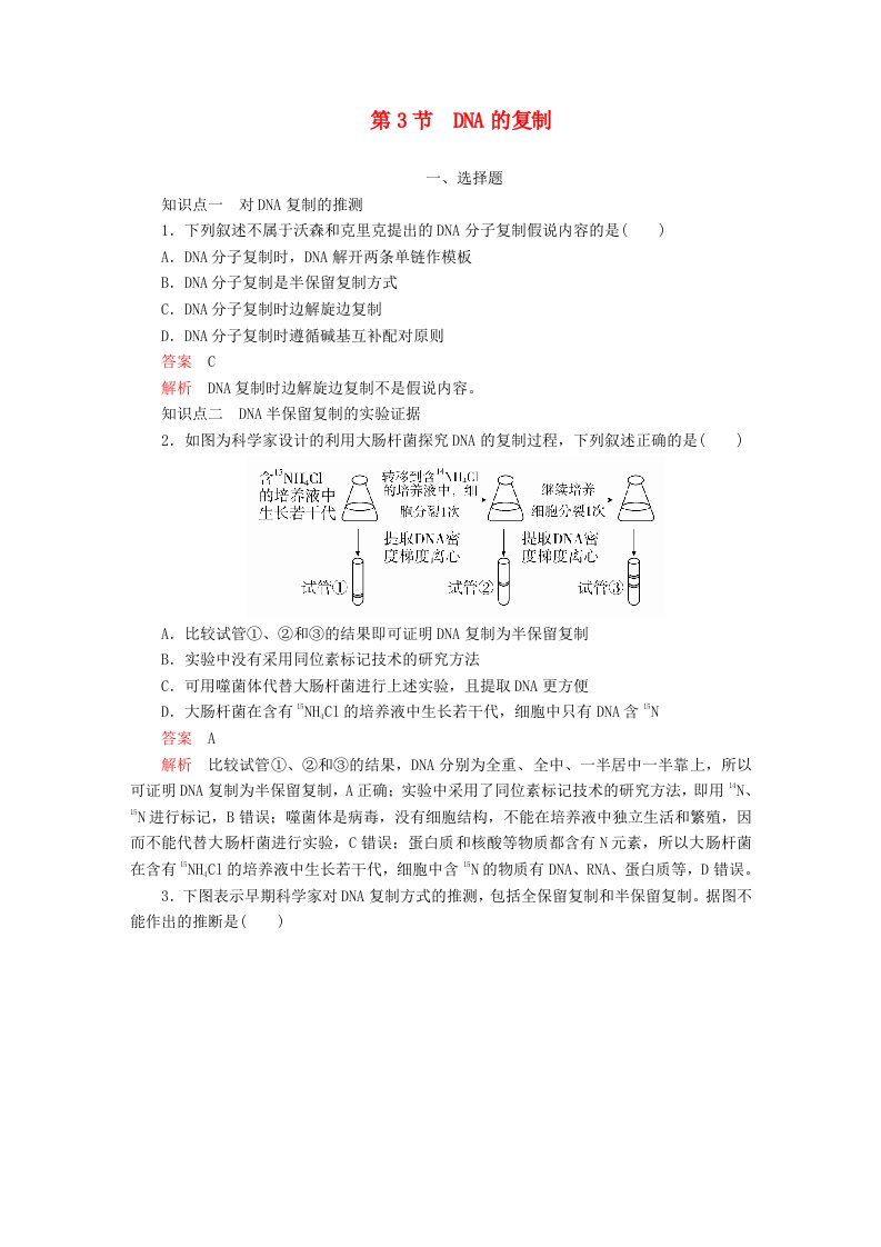 新教材2023版高中生物第3章基因的本质第3节DNA的复制同步检测新人教版必修2