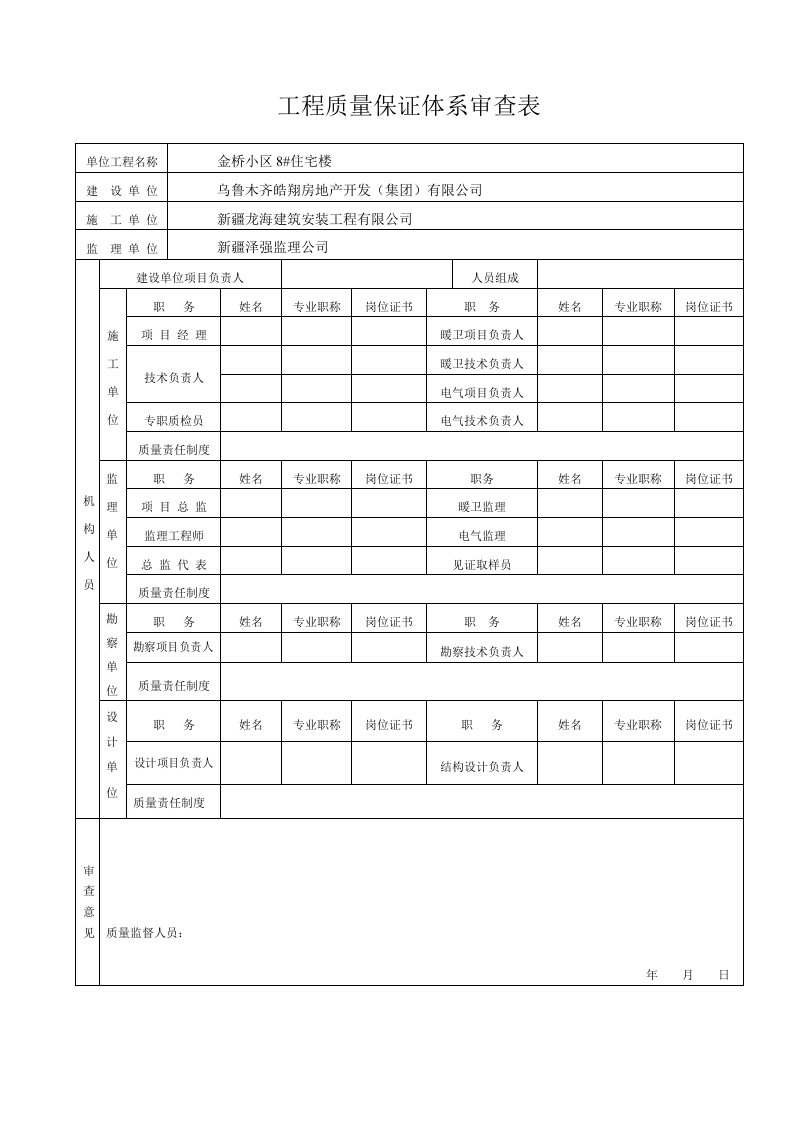 工程质量保证体系审查表