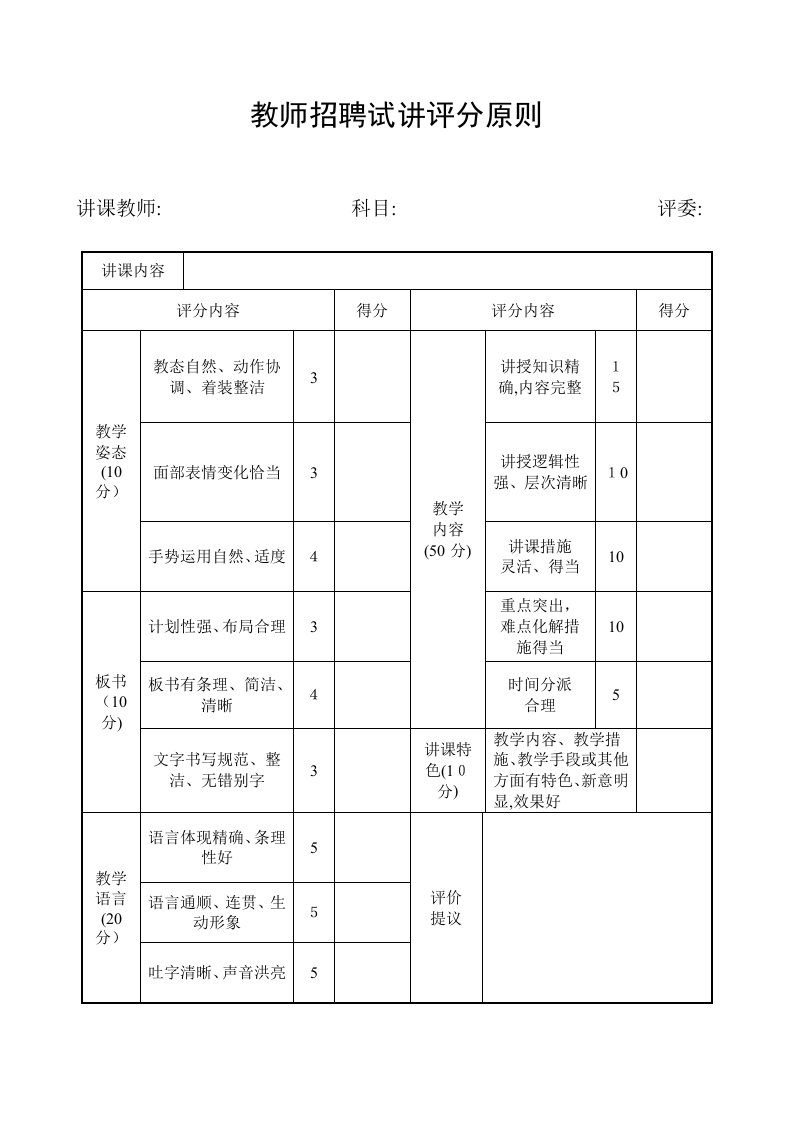 2023年教师招聘试讲评分标准