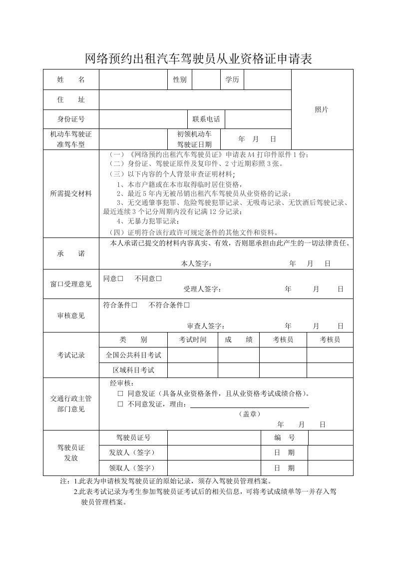 网络预约出租汽车驾驶员从业资格证申请表格