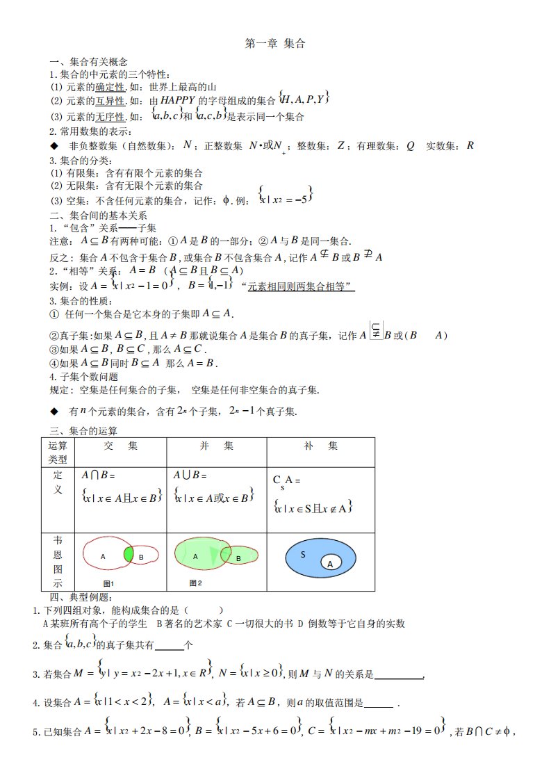 高一数学必修一知识+典型习题整理