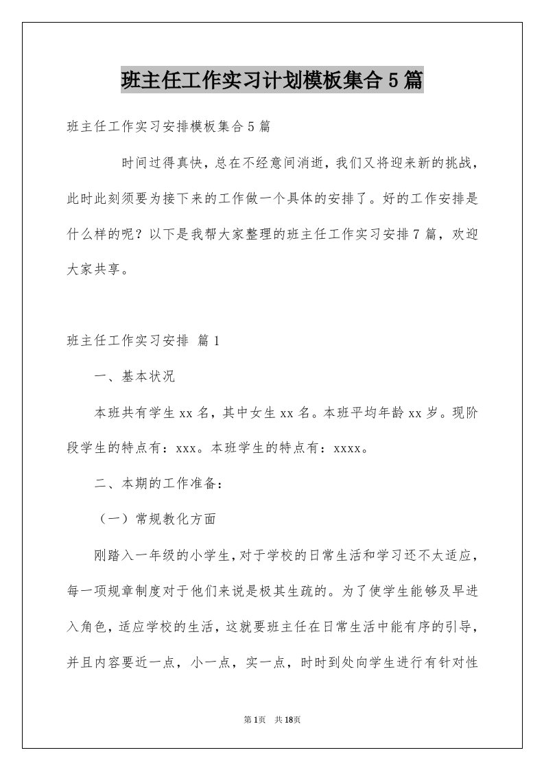 班主任工作实习计划模板集合5篇例文