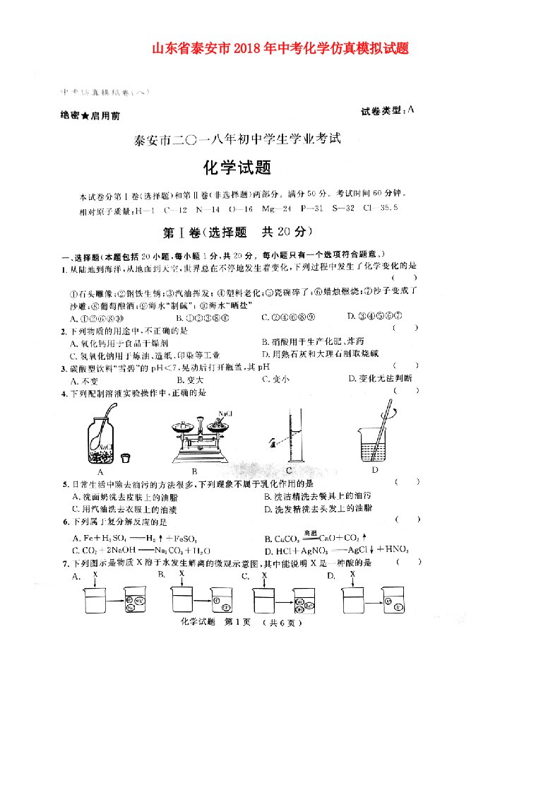 山东省泰安市2022年中考化学仿真模拟试题八