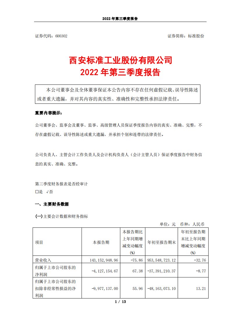 上交所-标准股份2022年第三季度报告-20221025